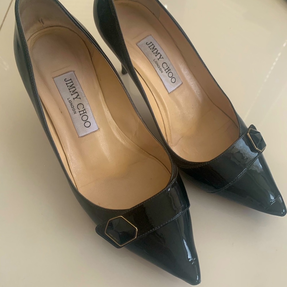 Jimmy Choo Patent Buckle Dark Grey Mid Heel